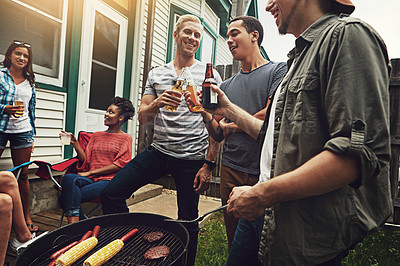 Buy stock photo Outdoor, alcohol and barbecue for friends, party and break for gathering in weekend and reunion in home. People, men and women with food to enjoy, meat and person cooking with grill, fun and dinner