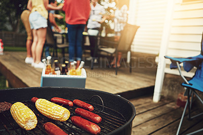 Buy stock photo Barbecue, food and outside on weekend with grill for corn, sausage and cooking on porch or backyard. Drinks, friends and dinner party with reunion, meal and summer in America with alcohol for people.