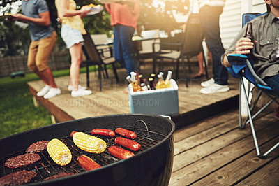 Buy stock photo Food, barbecue and outside on weekend with grill for corn, sausage and cooking burgers in backyard. Friends, drinks and dinner party with reunion, meal and summer in America with alcohol for people.