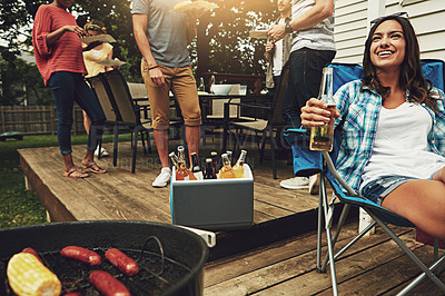 Buy stock photo Outdoor, grill and woman with beer, smile and party for gathering in weekend, break and reunion. Backyard, people and friends together with food, enjoy and cooking for celebration, lunch and drinks