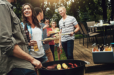 Buy stock photo Friends, bbq and help for serving with plate in backyard with diversity, cooking or meat on fire. People, men and women with beer, drink and relax with food by barbecue grill on holiday in Florida