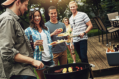 Buy stock photo People, bbq and help for serving with plate in backyard with diversity, cooking and meat on fire. Friends, men and women with beer, happy and relax with food by barbecue grill on holiday in Florida