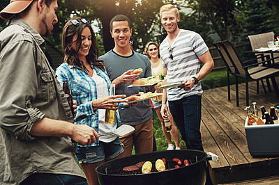 Buy stock photo People, bbq and serving with plate in backyard with diversity cooking and choice with meat on fire. Friends, men and women with beer, happy and relax with food by barbecue grill on holiday in Florida