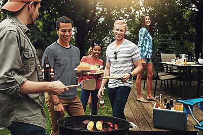 Buy stock photo Friends, barbecue and serving with plate in backyard with diversity cooking and choice with meat on fire. People, men and women with beer, happy and relax with food by bbq grill on holiday in Florida