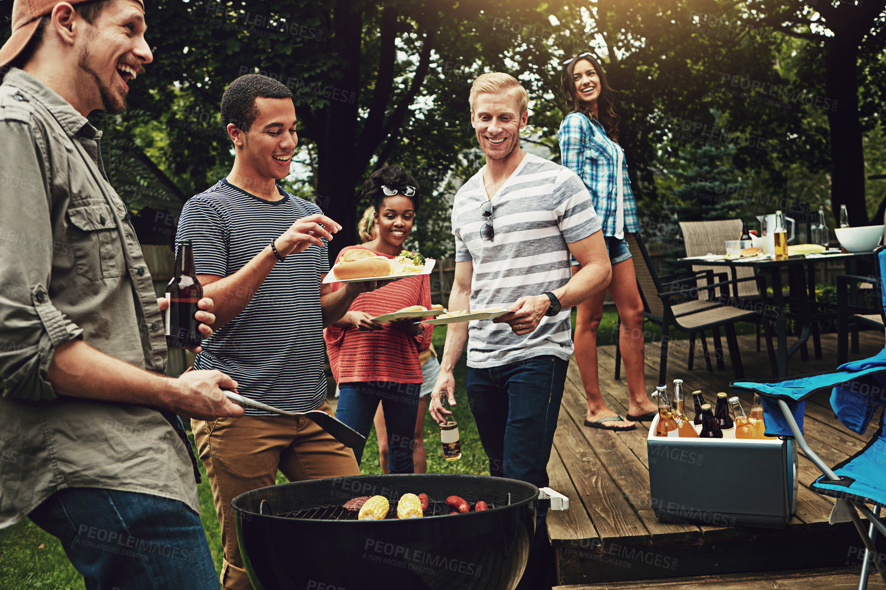 Buy stock photo Friends, barbecue and happy with plate in backyard with diversity, serving and cooking with meat on fire. People, men and women with beer, laugh and relax with food by bbq grill on holiday in Florida