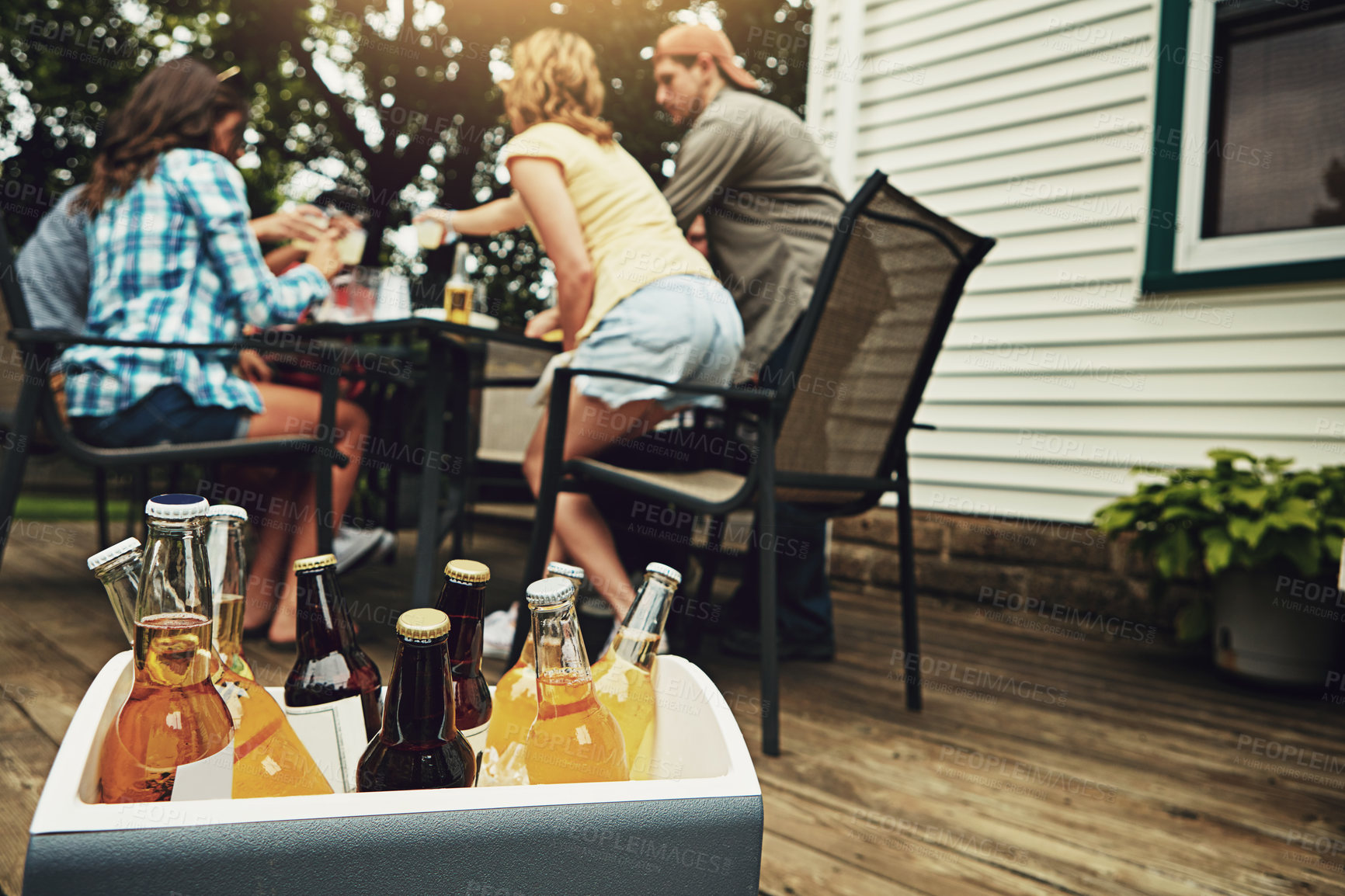 Buy stock photo Alcohol, case and outside on weekend with friends for beer, cider and spirits on porch or backyard. Hangout, social and dinner party with reunion, meal and summer in America with drinks for fun.