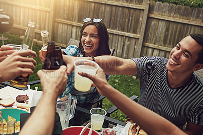 Buy stock photo Outdoor, people and friends on table, toast and barbecue for meal, celebration and party for gathering. Backyard, reunion and group together with food, cheers and drinks for lunch and break in summer