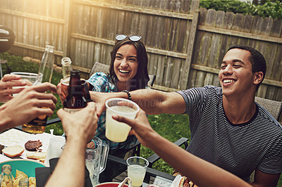 Buy stock photo People, toast and lunch at party, backyard or happy for food, diversity or celebration in summer. Friends, men and women with drink, alcohol or beer for cheers, success or excited at brunch in garden