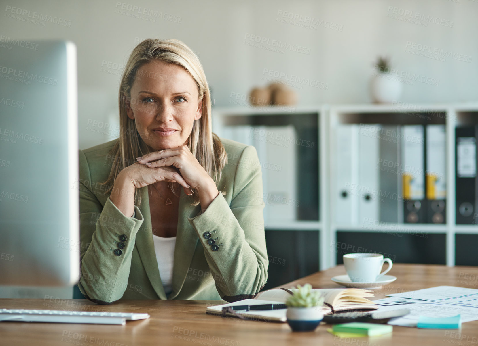 Buy stock photo Mature woman, business and portrait in office with computer, confidence and career goals. Financial manager, opportunity and professional for management, problem solving and investment strategy