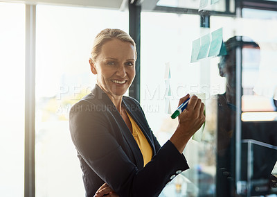 Buy stock photo Cropped portrait of a mature corporate businesswoman planning on a glass wipe board