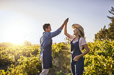 Buy stock photo Shot of a young man and woman giving each other a high five on a farm
