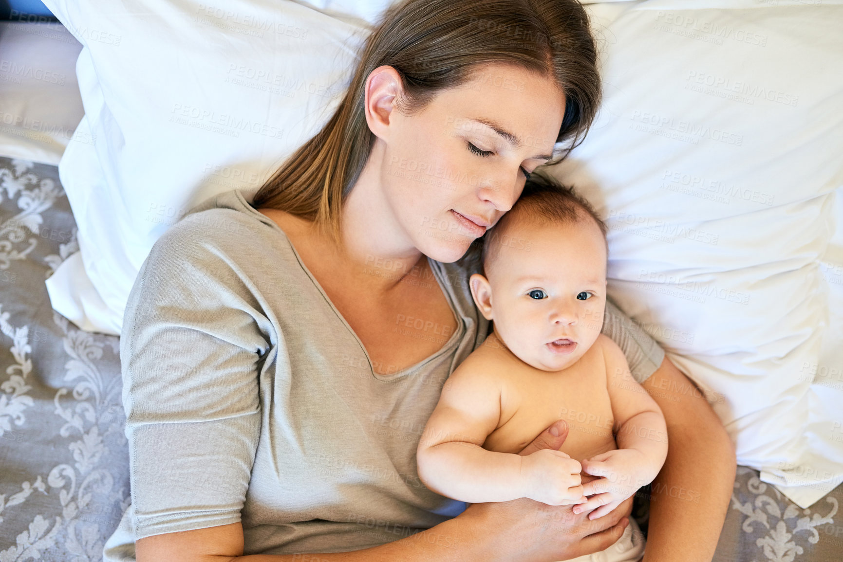 Buy stock photo Sleep, top view and mom with baby for portrait in bedroom for growth, development and nurturing care or love. Mother, boy toddler and home with support, adorable and bonding for emotional connection.