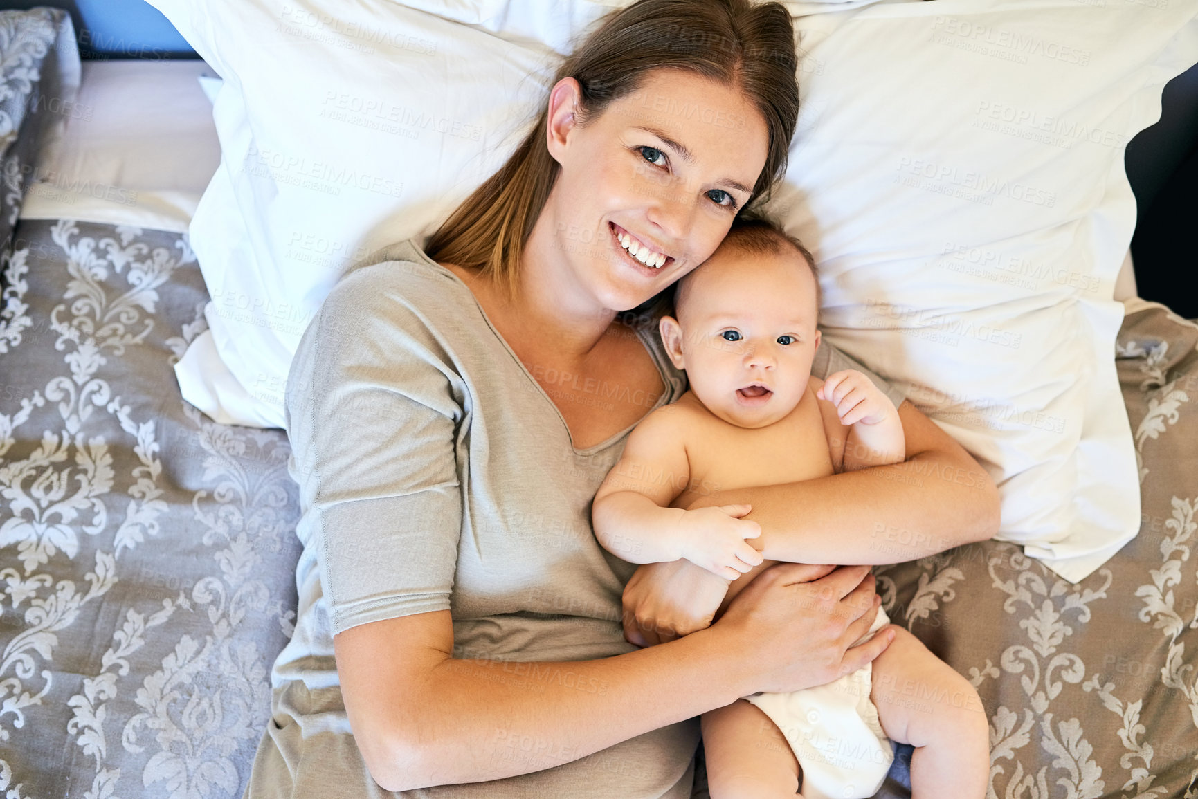 Buy stock photo Relax, top view and mom with baby for portrait in bedroom for growth, development and nurturing care or love. Mother, boy toddler and home with support, adorable and bonding for emotional connection.