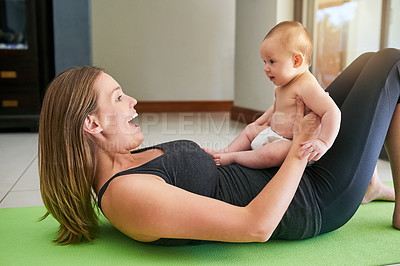 Buy stock photo Mom, baby and floor in house for exercise, postpartum fitness and balancing parenting with health or wellness. Mother, girl toddler and workout on ground in home for bonding, stress relief and cardio