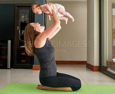 Buy stock photo Mom, baby and playing in home for trust, support and child development in lounge. Mother, infant and lift in air for love, postpartum pilates or happy for wellness with family in healthy relationship