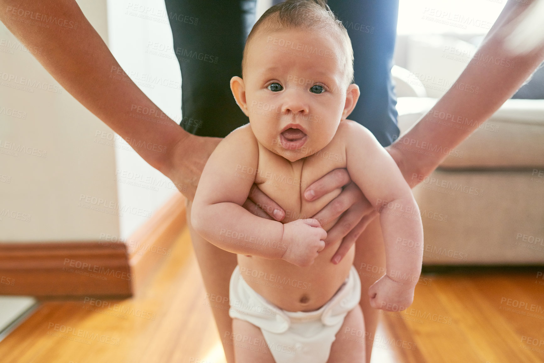 Buy stock photo Baby, portrait and hands for walking at house with balance support, learning and motor skills of mobility growth. Child, girl and family help with teaching steps, muscle progress and legs development