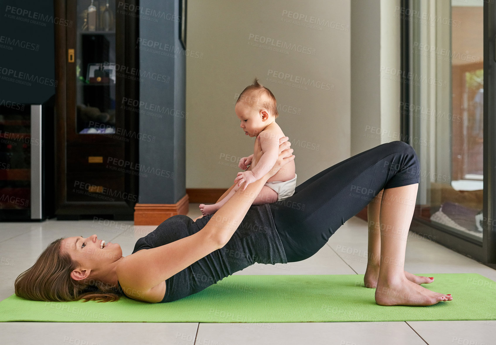 Buy stock photo Mom, baby and floor in home for exercise, postpartum fitness and balancing parenting with health or wellness. Mother, girl toddler and workout on ground in house for bonding, stress relief and cardio