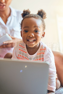 Buy stock photo Girl child, portrait and relax with laptop in home for creative activities, early learning and streaming movies. Toddler, online and technology for curiosity or engaging for growth or development.