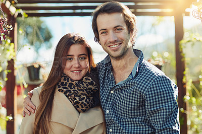 Buy stock photo Cropped shot of a young couple outdoors