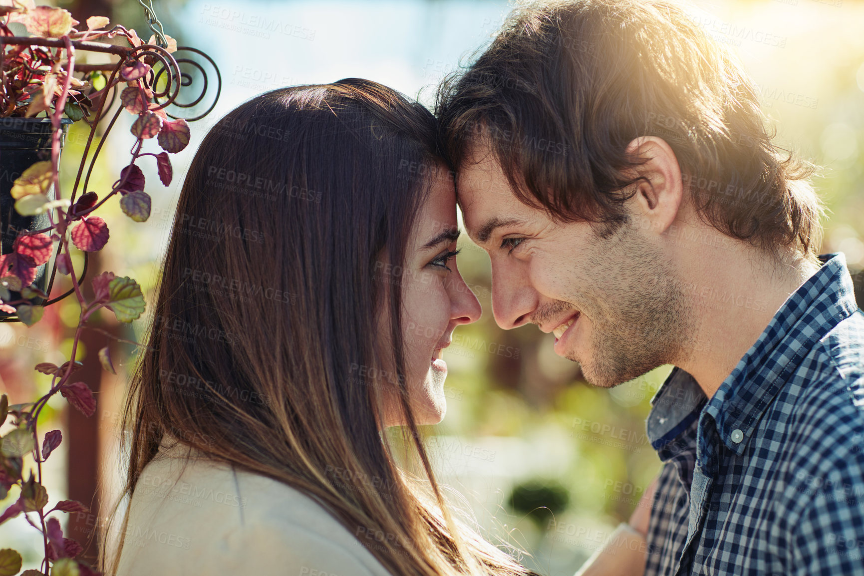 Buy stock photo Happy, couple and forehead touch outdoor for summer vacation, marriage date and love gratitude of bonding. Smile, woman and man with embrace for anniversary care, loyalty support and holiday trust
