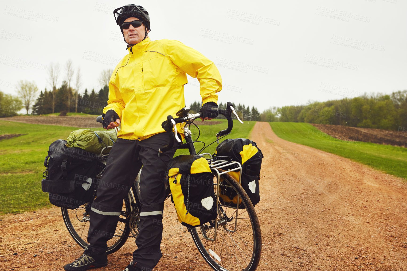 Buy stock photo Cyclist, man and break with touring bicycle in nature to explore, bikepacking or winter adventure. Travel, mature person or relax with bike on off road for sightseeing and cycling rest in cold season