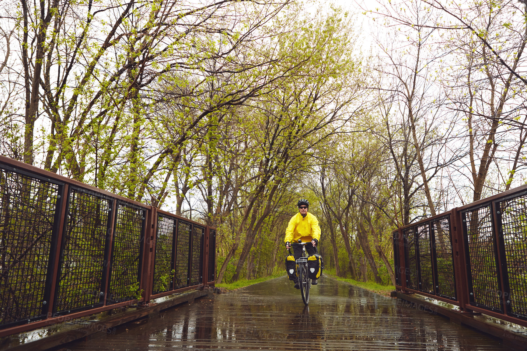 Buy stock photo Bridge, sports and man on bicycle in winter for exercise, active hobby and training in park. Fitness, outdoor and person on bike for cycling, workout and endurance for wellness, practice and health