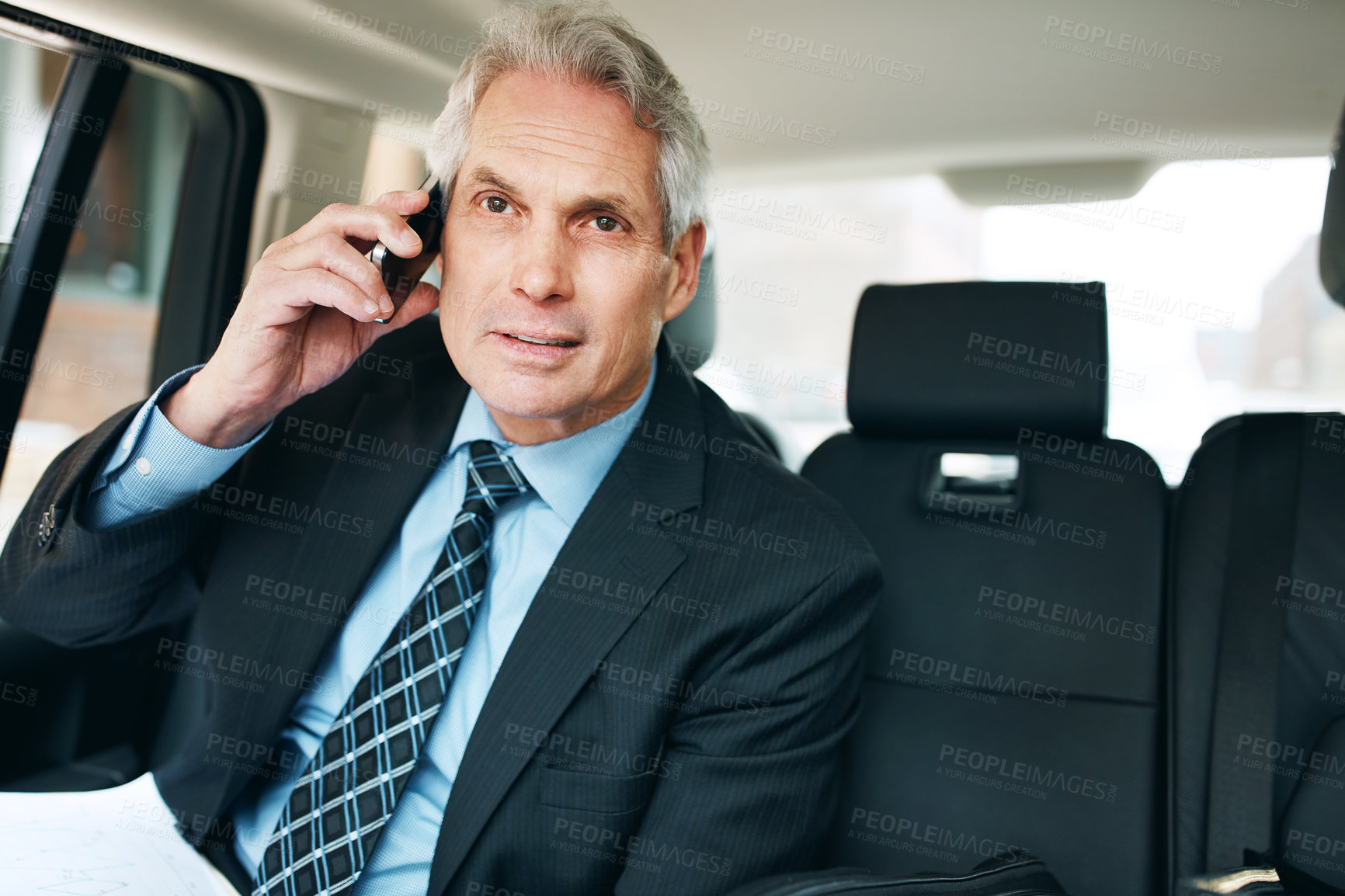 Buy stock photo Travel, mature man and phone call in car for transport, schedule, communication in backseat. Talking, contact and employee with mobile for conversation, taxi service or commute on business trip