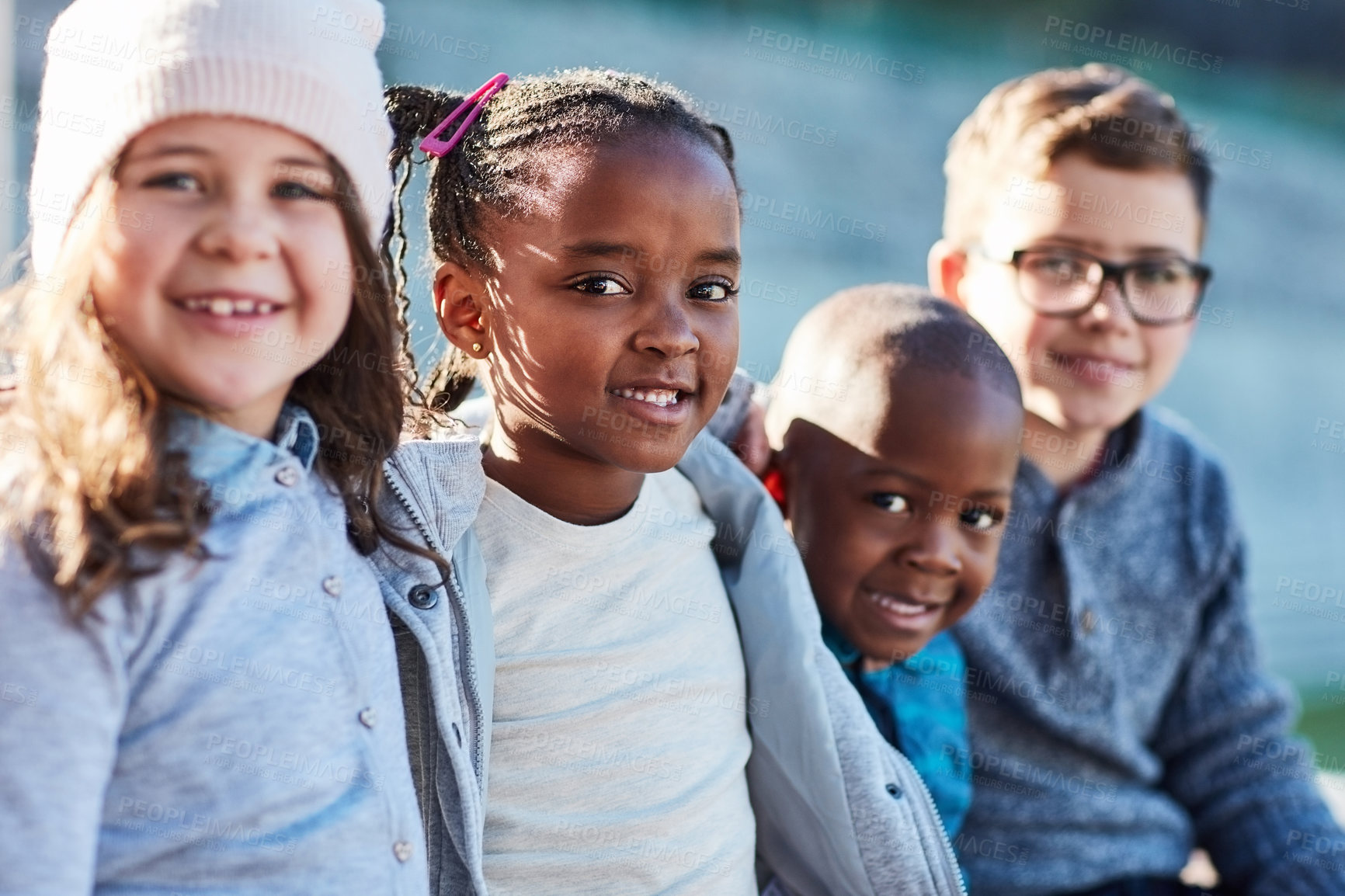 Buy stock photo Cropped shot of elementary school kids outside