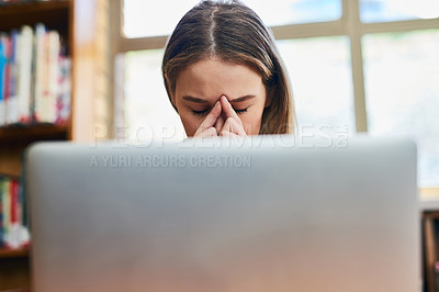 Buy stock photo Stress, thinking and woman with laptop in library at university for education, online course or study. Computer, fatigue and college student with anxiety, brain fog and burnout with research project