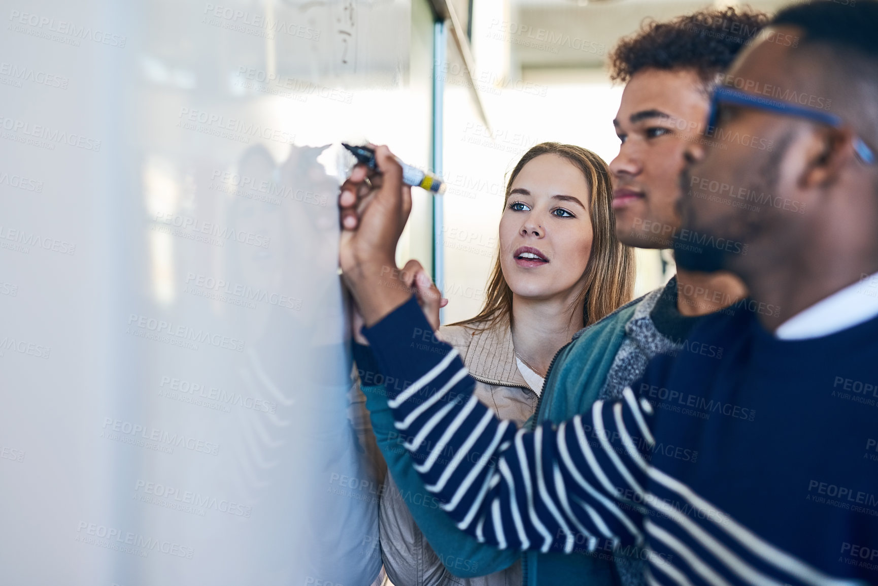 Buy stock photo University, whiteboard and teacher with students in class writing for math lesson, learning and exam. Education, teaching and learners with equation for knowledge, assignment and study in college