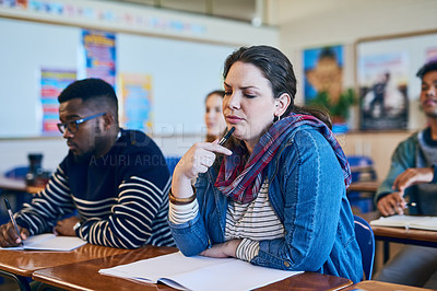 Buy stock photo Student, thinking and woman reading in university classroom for education, test or exam. Idea, college and study in lecture for problem solving, doubt or brainstorming solution for learning knowledge