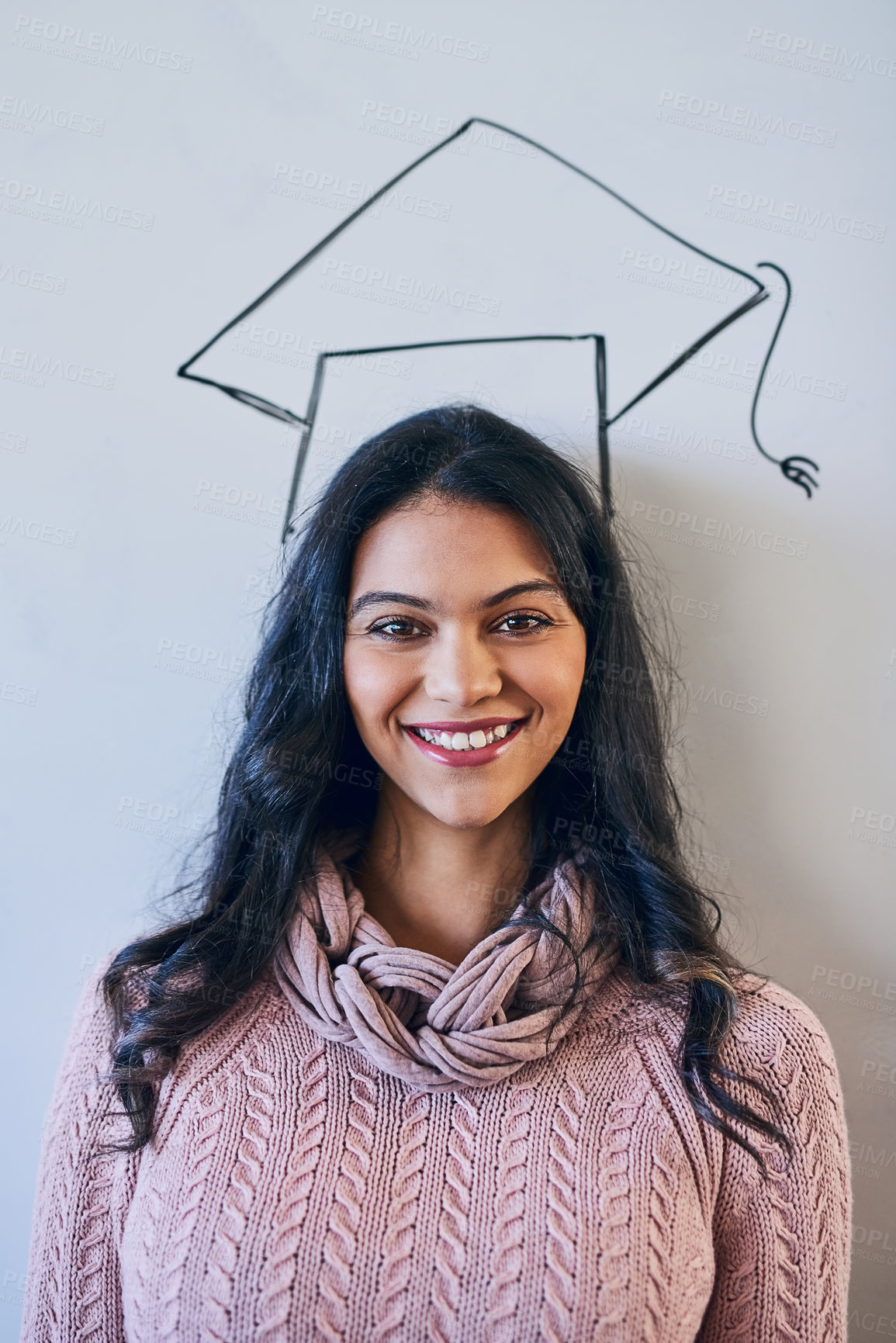 Buy stock photo Woman, board and drawing of graduation cap at college in portrait for smile, pride or education. Excited person, happy and sketch in classroom for learning, scholarship or icon for success in Mexico