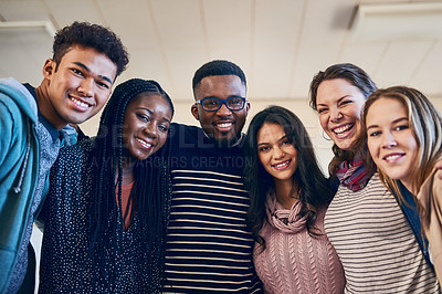 Buy stock photo Portrait of a group of university students standing together