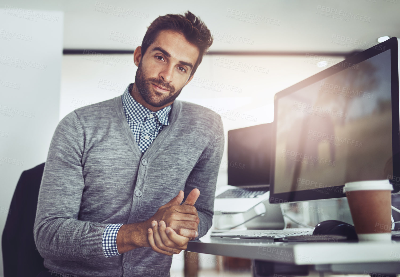 Buy stock photo Businessman, computer and relax at desk in office for telemarketing, email and online communication. Portrait, male person and technology in workplace for internet, retail and consulting agent.