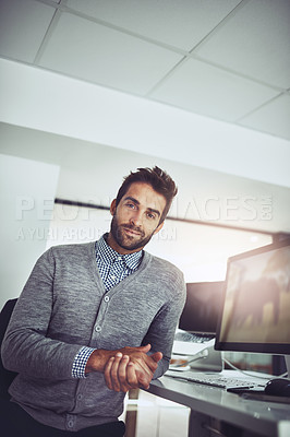 Buy stock photo Businessman, computer and relax at desk in office for retail, email and online communication. Portrait, male person and technology in workplace for internet, telemarketing and consulting agent.