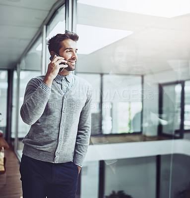 Buy stock photo Businessman, standing or talking with phone in office for contact, communication with technology at job. Male person, mobile or holding at workplace with smile for call, online or connected for job