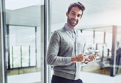 Buy stock photo Portrait, man and smile with smartphone at office on internet  for career opportunity or networking. Architect, online and happy with research for information, ideas and industry trends for startup