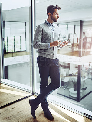 Buy stock photo Thinking, office and businessman with smartphone for contact, communication and working for corporate career. Vision, professional and broker with technology for internet in workspace or agency