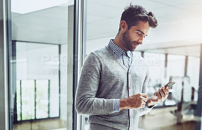 Buy stock photo Smile, thinking and businessman in office with smartphone for contact, communication and work for corporate career. Vision, professional and broker with technology for internet in workspace or agency