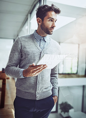 Buy stock photo Man, thinking and tablet in workplace for idea, startup company and brainstorming. Employee, technology and male person in modern office for research, career and development in business goals.