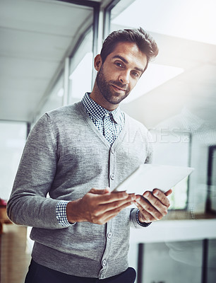 Buy stock photo Portrait, businessman and office with tablet for creative ideas, research and planning with technology for start up business. Confident, male person and working on digital tech for project report