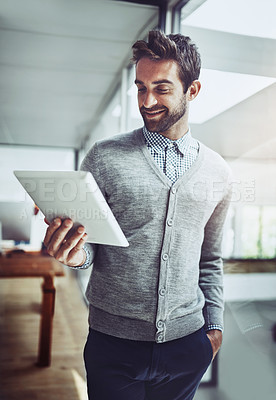 Buy stock photo Research, smile and tablet with business man in office for information, planning or reading online. Email, schedule and software with happy young employee using technology to search internet