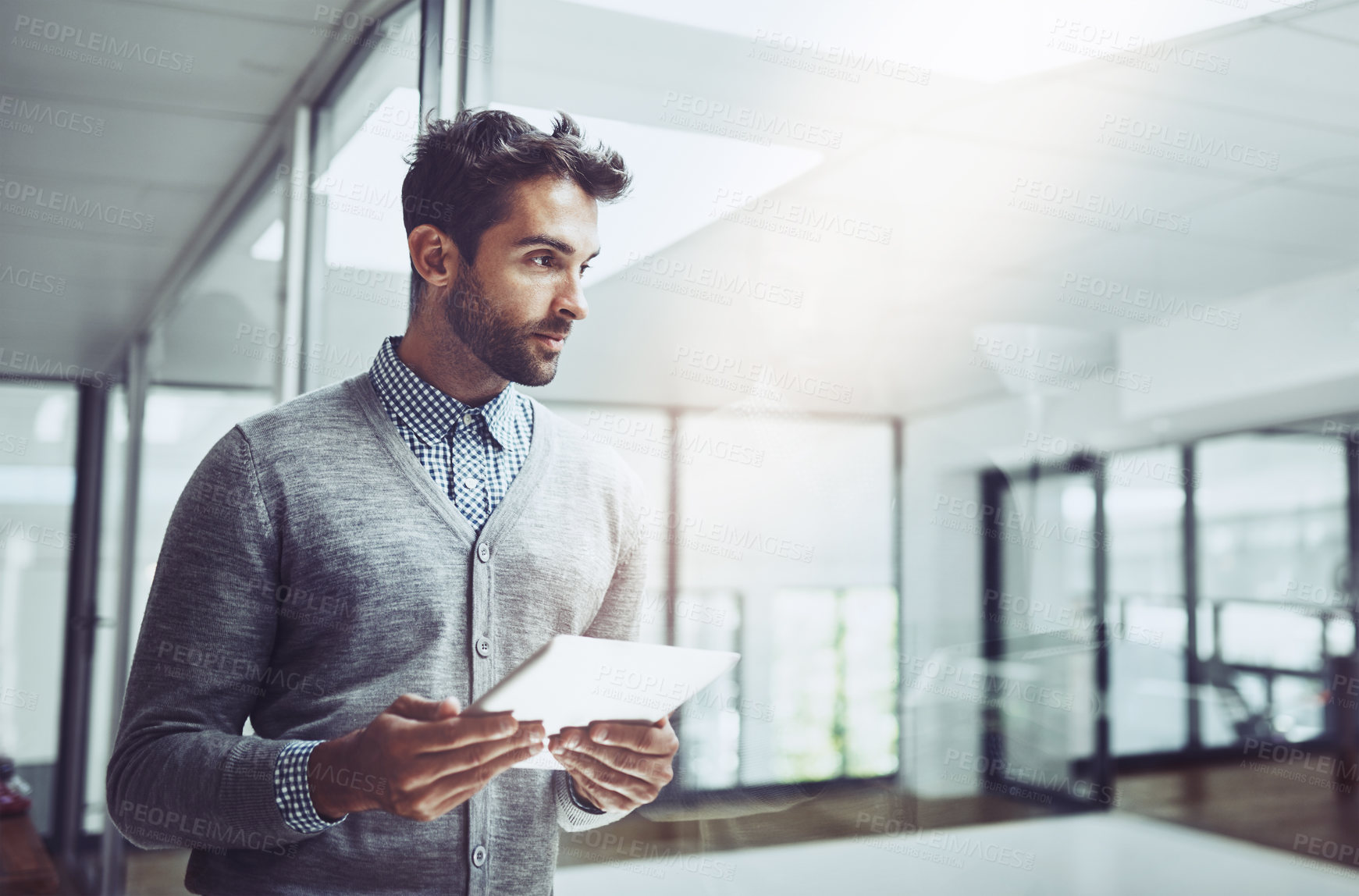 Buy stock photo Employee, man and thinking with tablet at office on internet search for career opportunity or networking. Architect, entrepreneur and online with research for information, ideas and industry trends