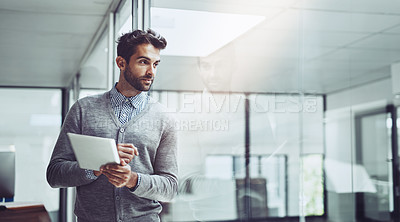 Buy stock photo Business, man and thinking with tablet for networking on internet for career opportunity or growth. Architect, entrepreneur and online with research for information, ideas and industry trends