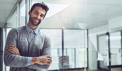 Buy stock photo Portrait, arms crossed and businessman with reflection in office for startup, positive mindset or attitude. Career, creative agency and male person with pride, happiness and ready for new project