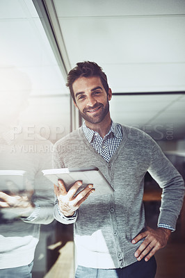 Buy stock photo Smile, portrait or businessman with tablet for email, communication or working in job for corporate career. Serious, professional or broker with technology for internet in workspace, office or agency