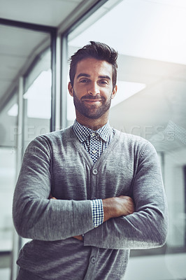 Buy stock photo Business, portrait and man with arms crossed in office for consulting, advice and loan application guidance. About us, face or confident mortgage broker with career pride pose for property sale goals