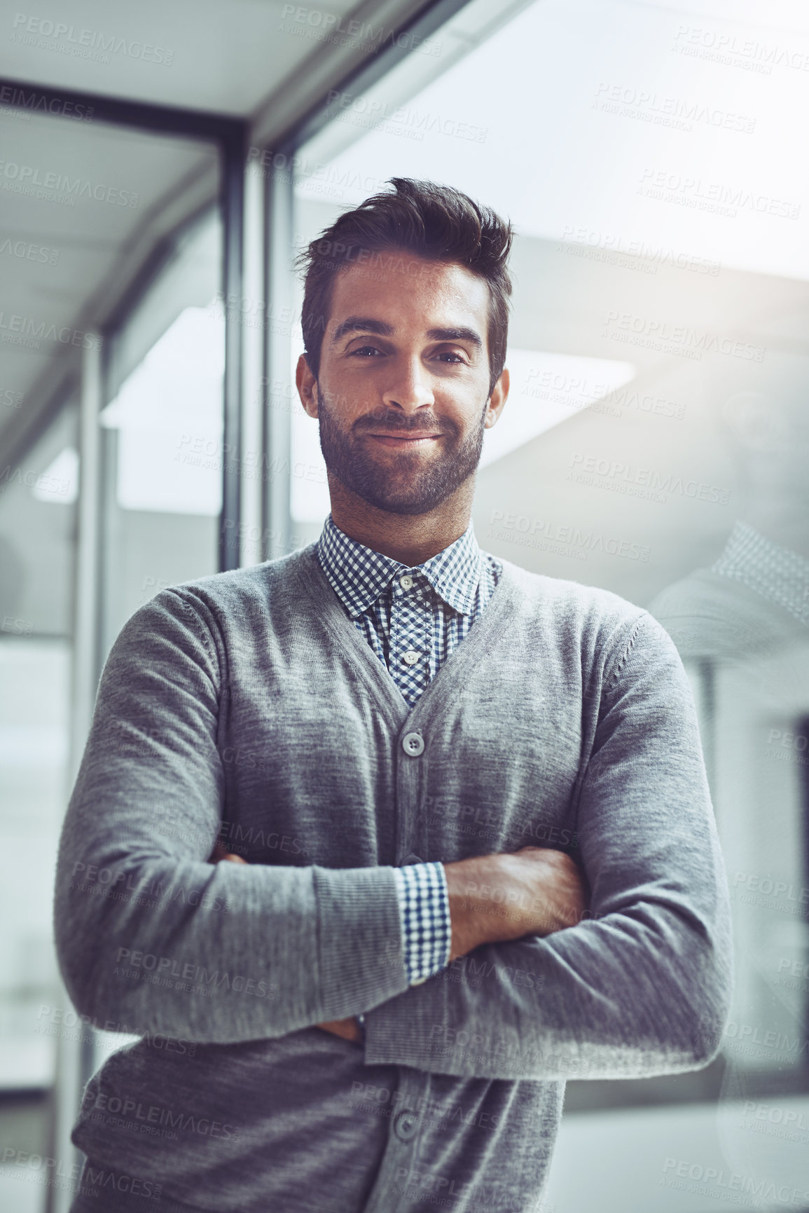 Buy stock photo Business, portrait and man with arms crossed in office for consulting, advice and loan application guidance. About us, face or confident mortgage broker with career pride pose for property sale goals