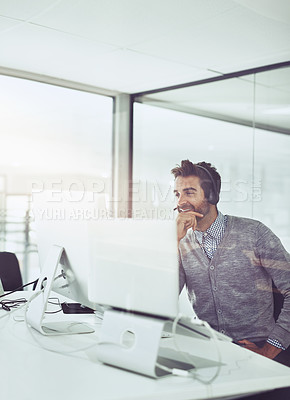 Buy stock photo Office, monitor and businessman with headphones for customer service, communication and consulting. Male person, call center and work with technology for discussion, tech support and advice to client