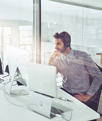 Buy stock photo Office, computer and businessman with headphones for customer service, consulting and advice to client. Male person, call center and work with technology for communication, tech support or discussion